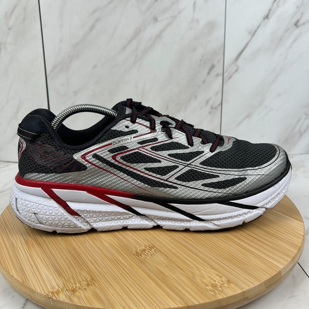 Hoka One Clifton 3 Mens Size 11 Silver Black Red Running Shoes 1012046 SFON